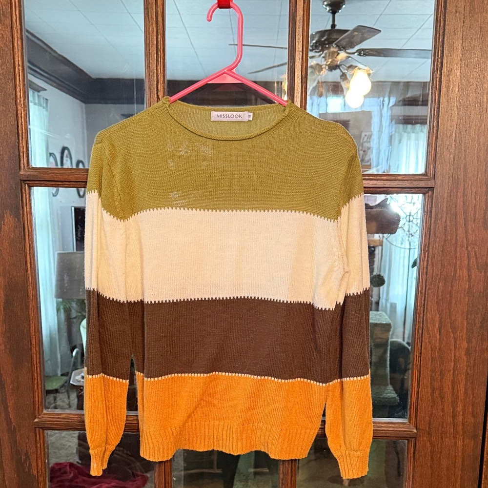 Misslook Womens Colorblock Striped Knit‎ Sweater Olive Green Brown Orange Size M